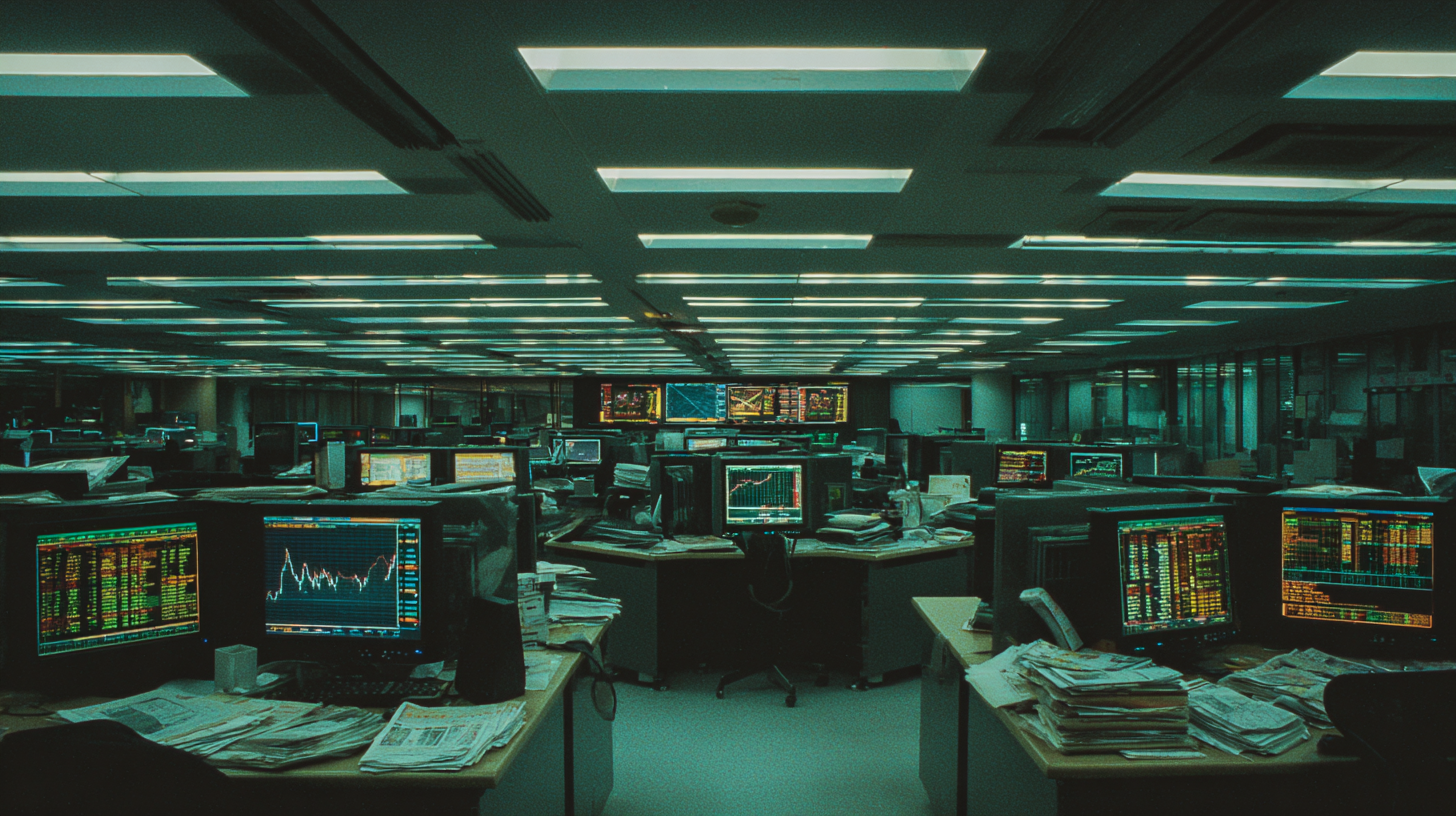 Dimly lit trading floor with rows of desks, glowing monitors displaying charts, and scattered papers