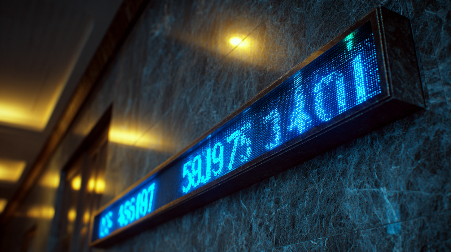 Illuminated LED stock ticker mounted on a marble wall, displaying scrolling blue and green financial figures